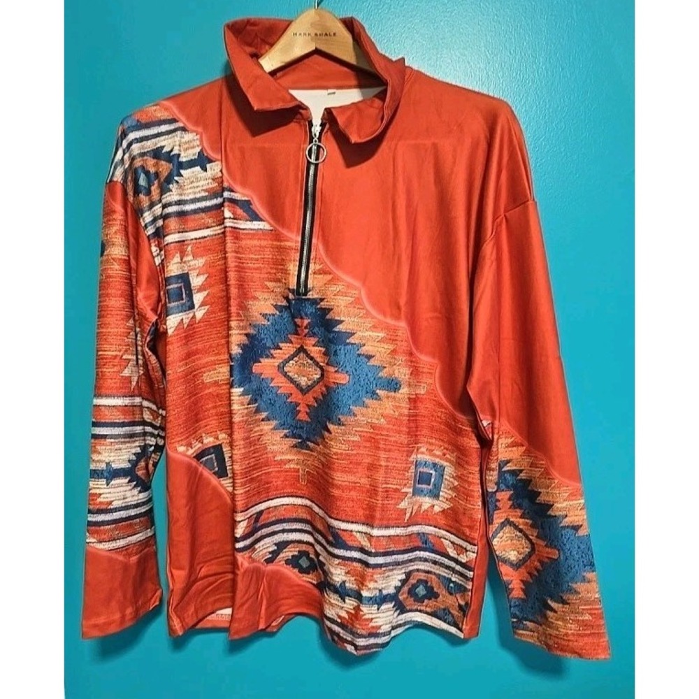 New Women XL Aztec Western Horse Burnt Orange 1/4 Zip Mock Neck Top Multicolor‎